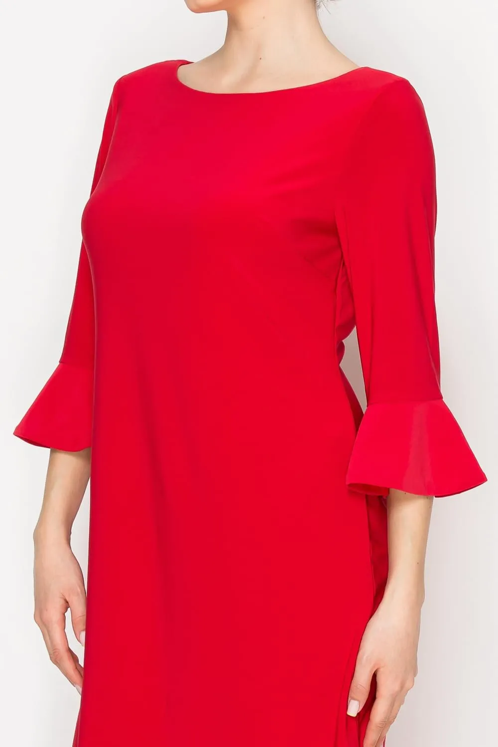 Women's Bell Sleeve Shift Dress, Knee Length, 3/4 Ruffle Sleeves, Boat Neck