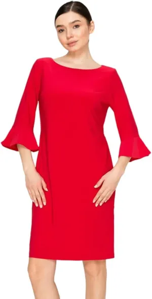 Women's Bell Sleeve Shift Dress, Knee Length, 3/4 Ruffle Sleeves, Boat Neck