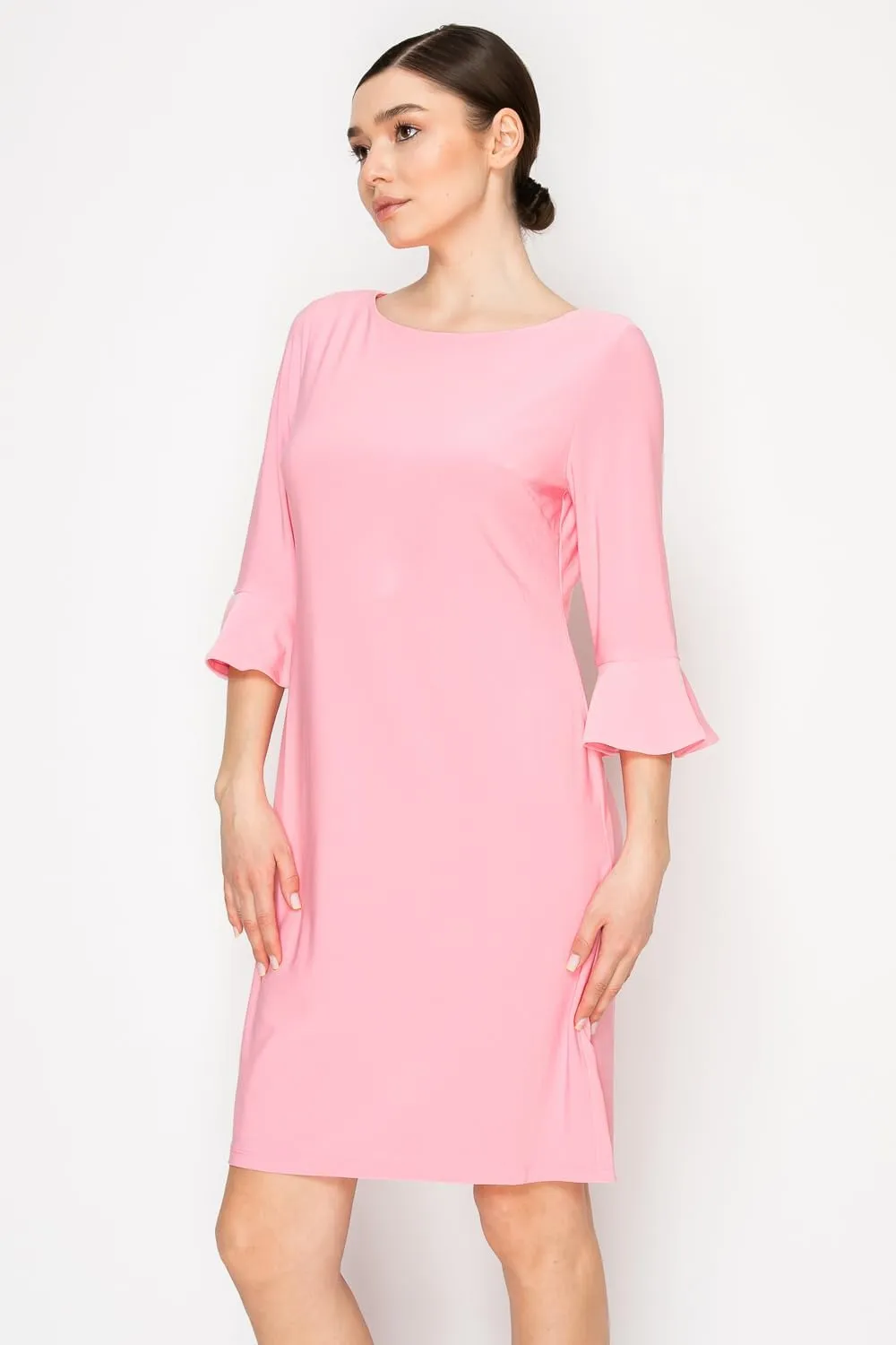 Women's Bell Sleeve Shift Dress, Knee Length, 3/4 Ruffle Sleeves, Boat Neck