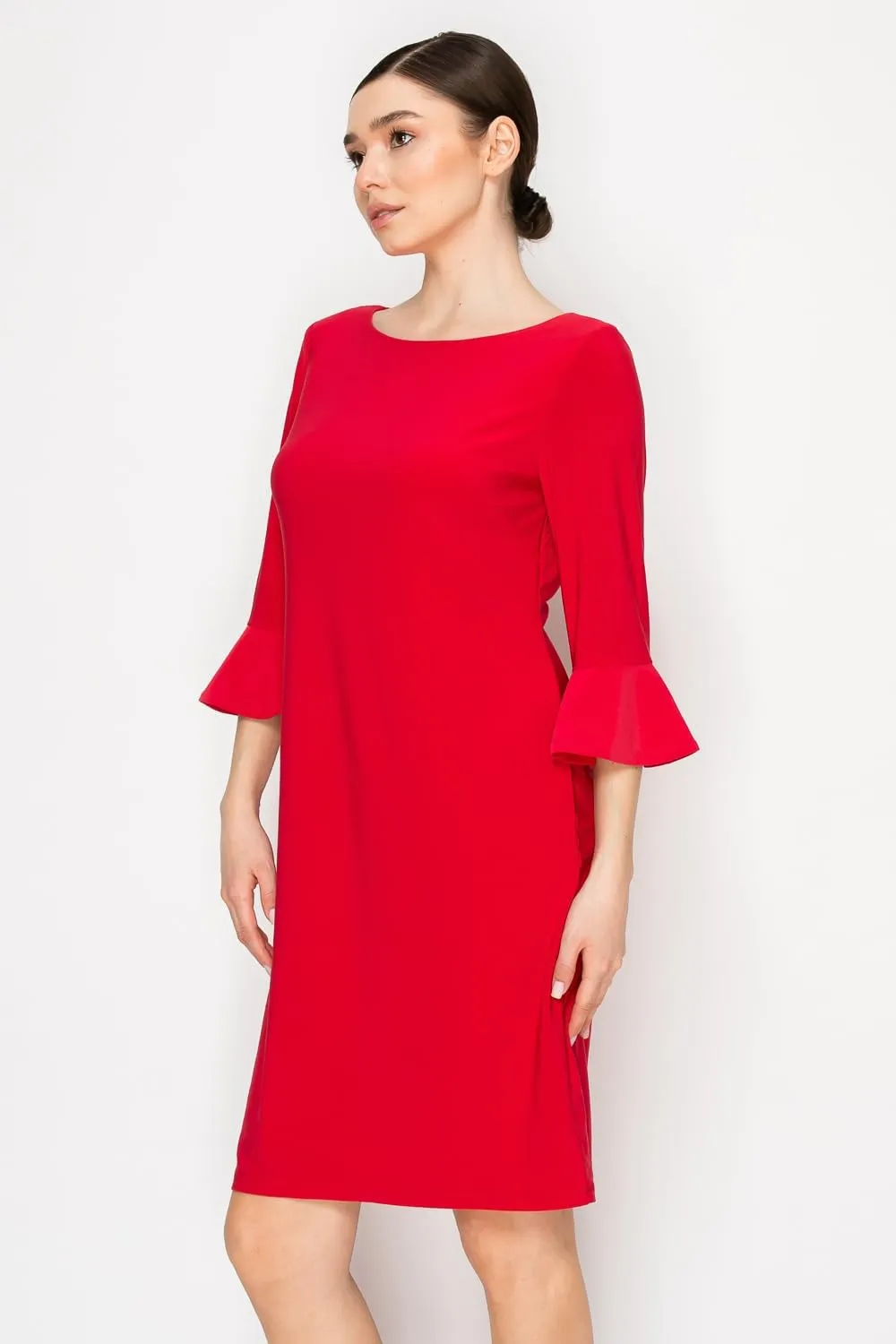 Women's Bell Sleeve Shift Dress, Knee Length, 3/4 Ruffle Sleeves, Boat Neck