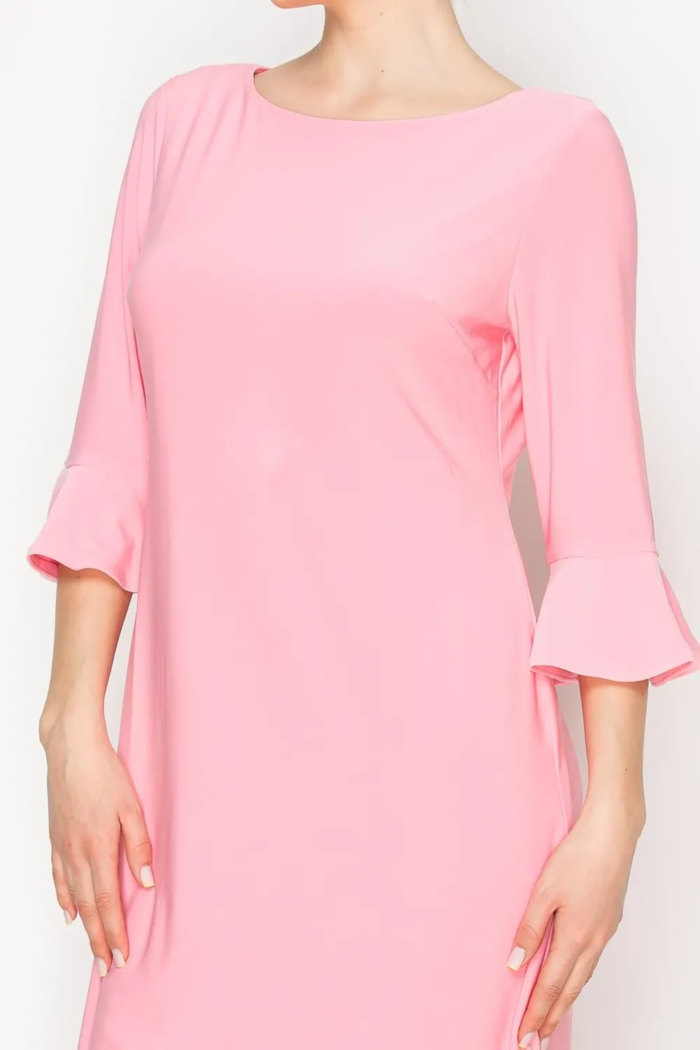 Women's Bell Sleeve Shift Dress, Knee Length, 3/4 Ruffle Sleeves, Boat Neck