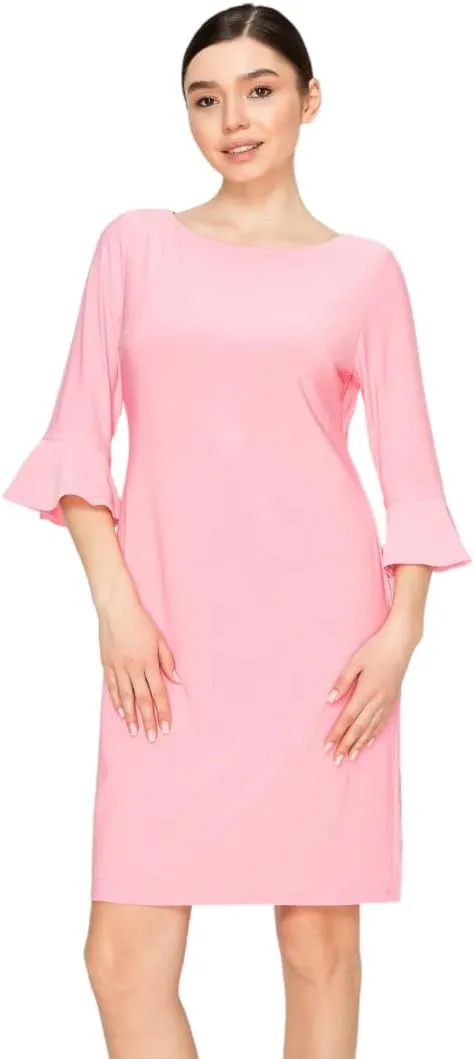 Women's Bell Sleeve Shift Dress, Knee Length, 3/4 Ruffle Sleeves, Boat Neck