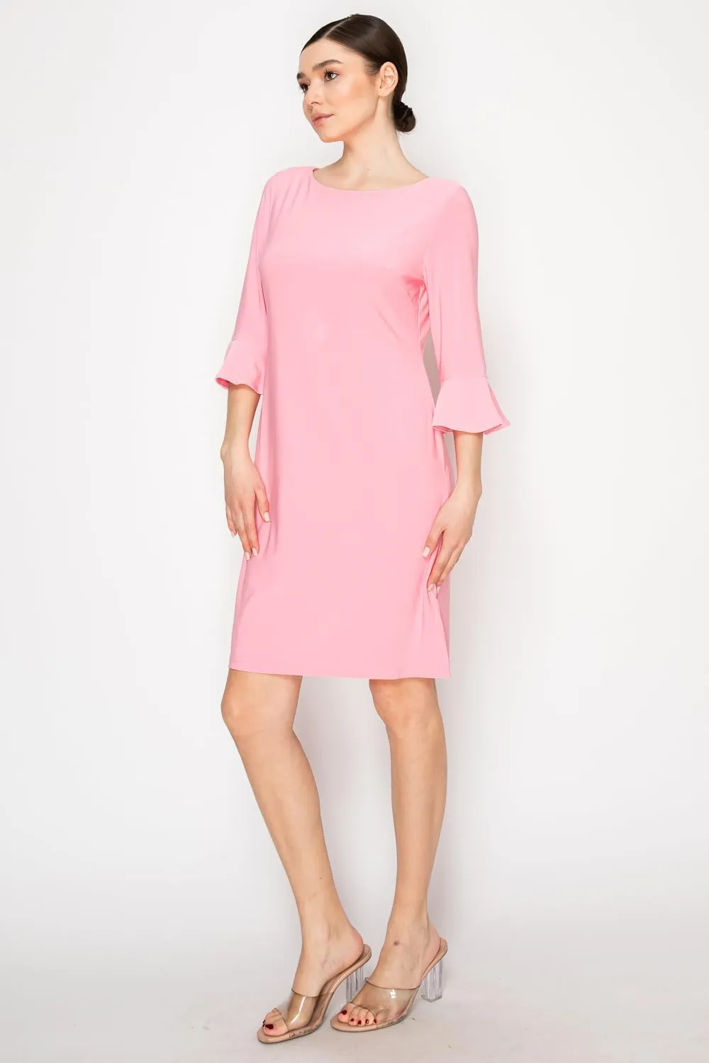 Women's Bell Sleeve Shift Dress, Knee Length, 3/4 Ruffle Sleeves, Boat Neck