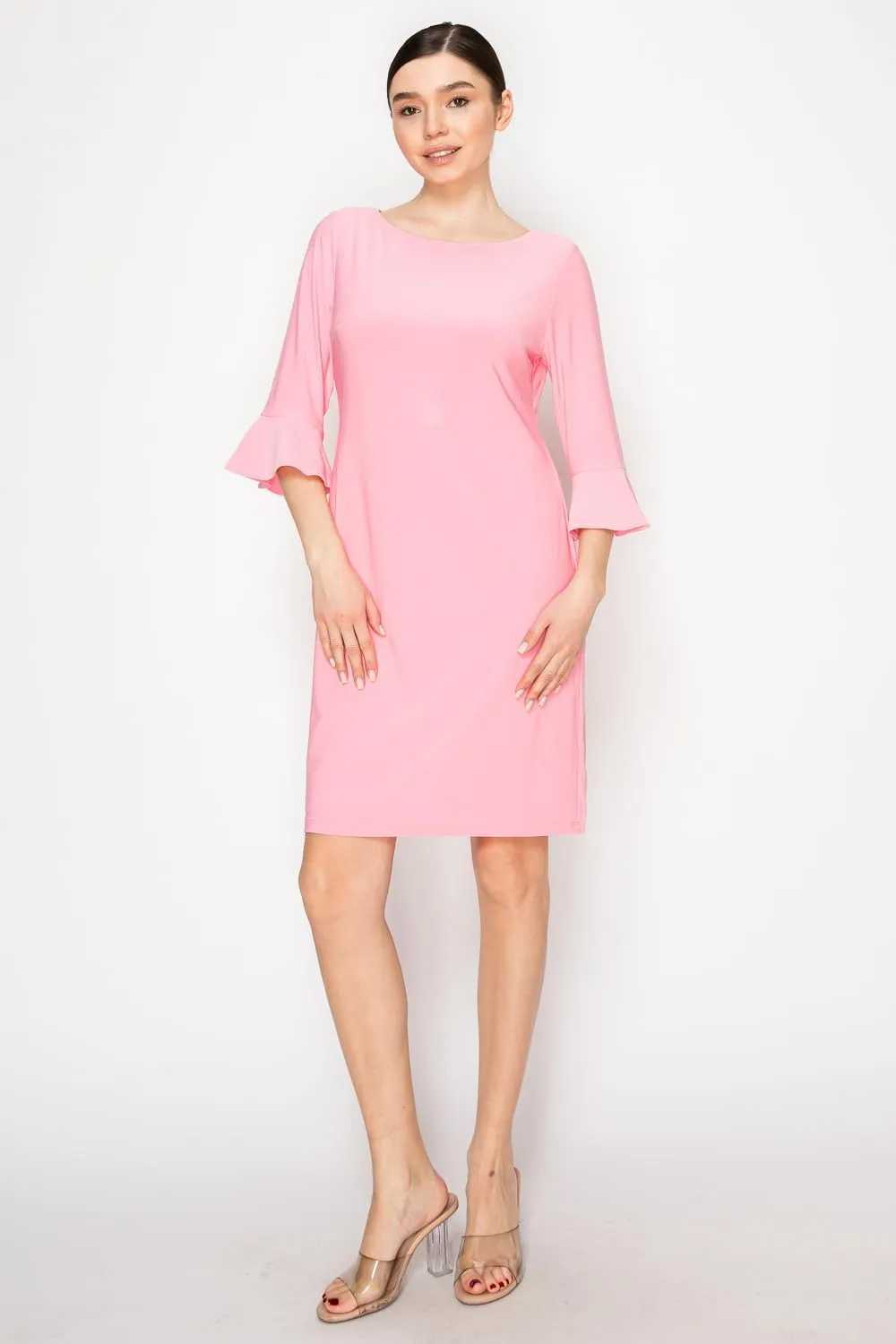 Women's Bell Sleeve Shift Dress, Knee Length, 3/4 Ruffle Sleeves, Boat Neck
