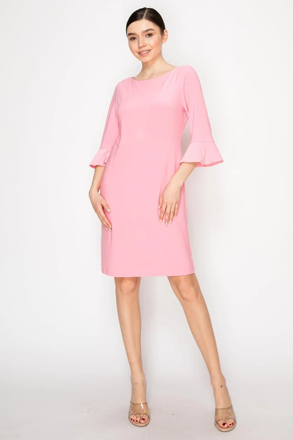 Women's Bell Sleeve Shift Dress, Knee Length, 3/4 Ruffle Sleeves, Boat Neck