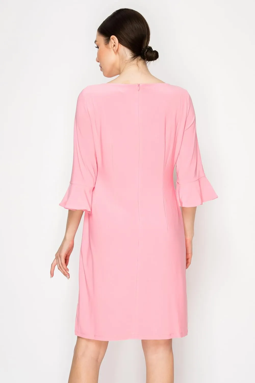 Women's Bell Sleeve Shift Dress, Knee Length, 3/4 Ruffle Sleeves, Boat Neck