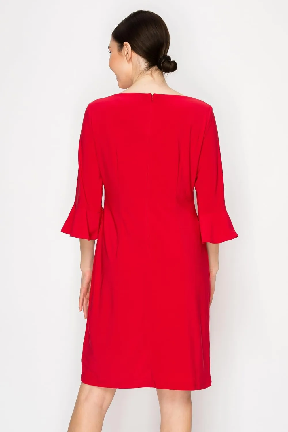 Women's Bell Sleeve Shift Dress, Knee Length, 3/4 Ruffle Sleeves, Boat Neck