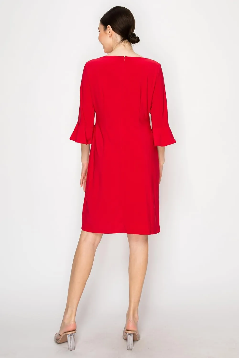 Women's Bell Sleeve Shift Dress, Knee Length, 3/4 Ruffle Sleeves, Boat Neck