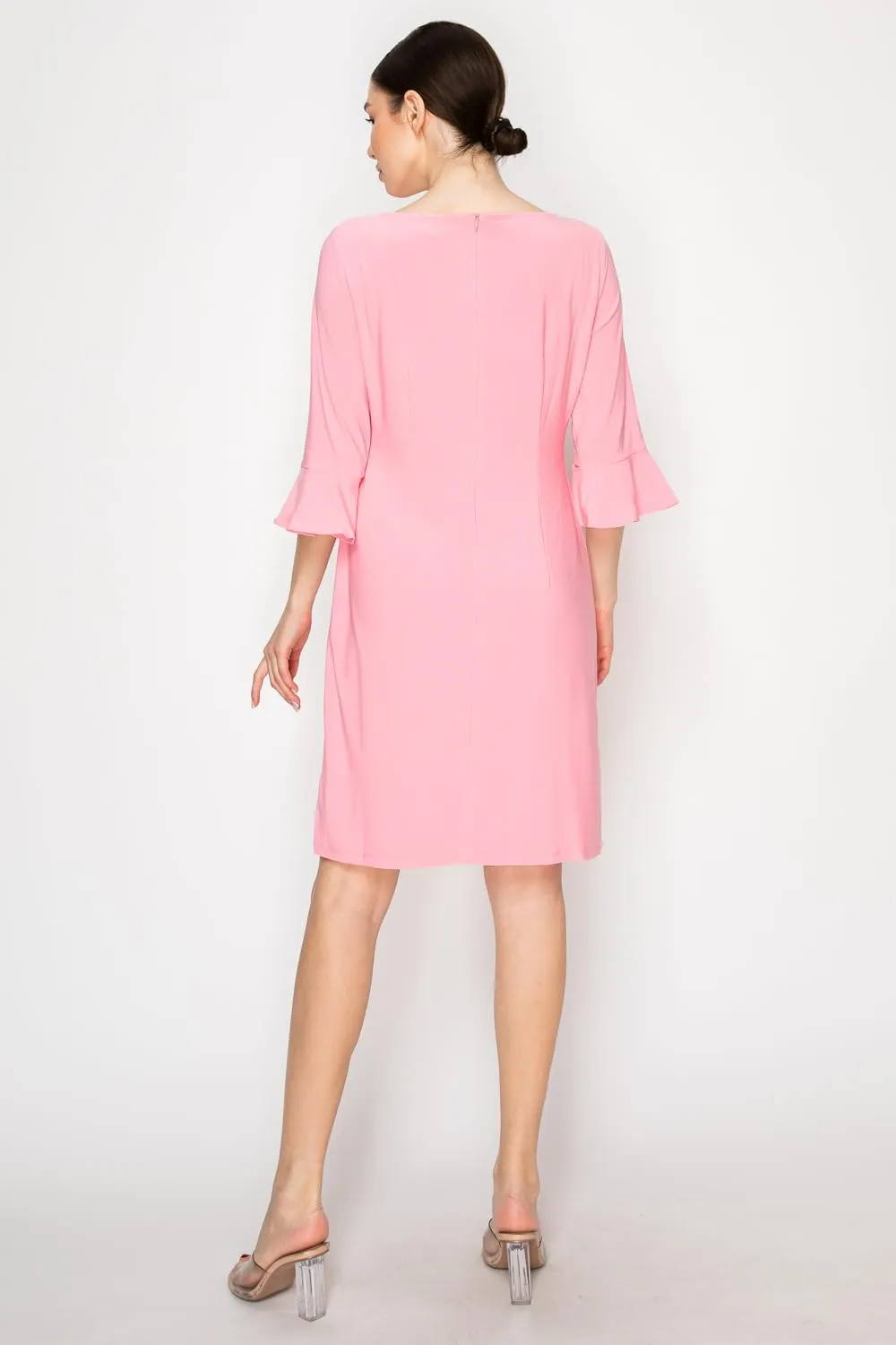 Women's Bell Sleeve Shift Dress, Knee Length, 3/4 Ruffle Sleeves, Boat Neck