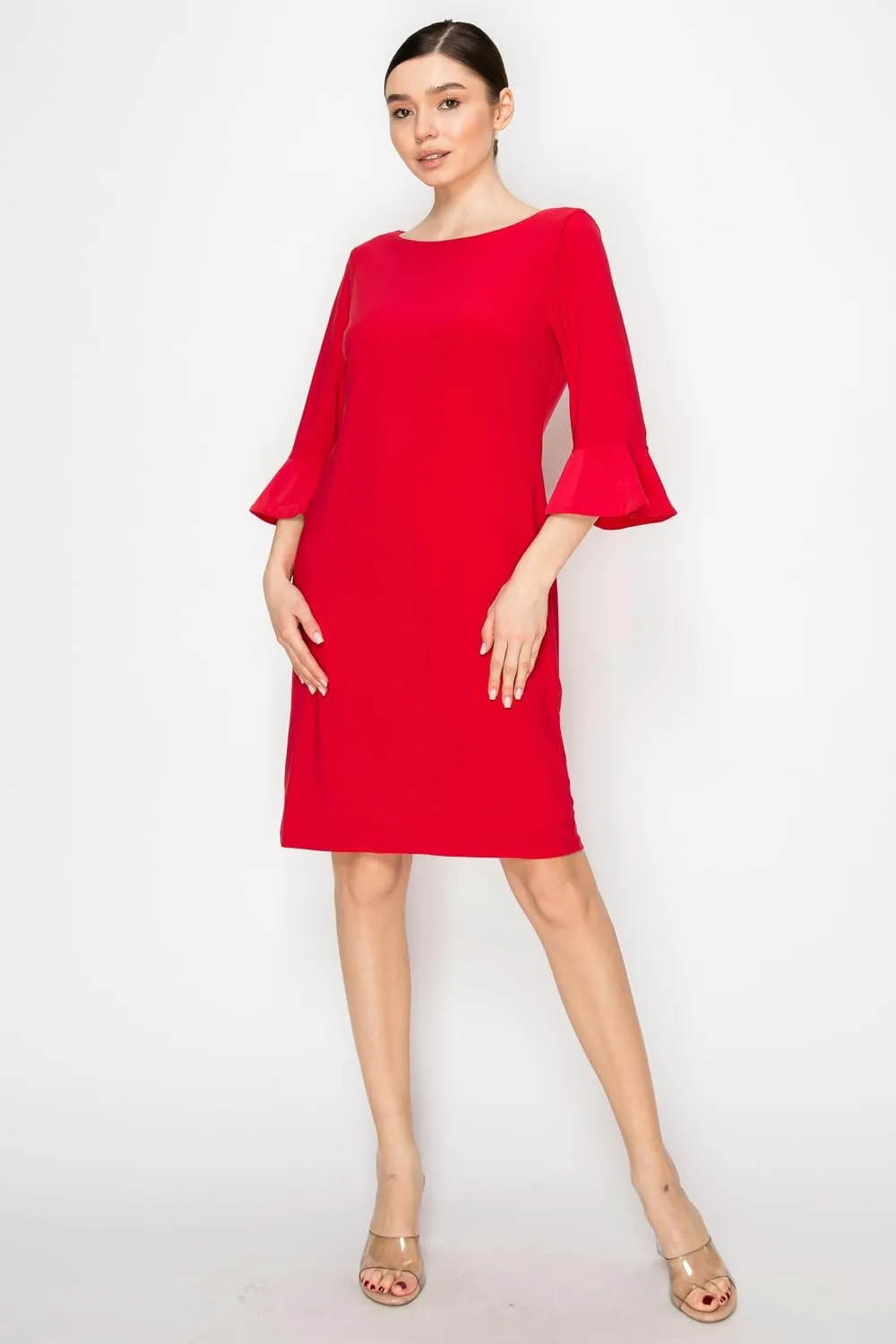 Women's Bell Sleeve Shift Dress, Knee Length, 3/4 Ruffle Sleeves, Boat Neck
