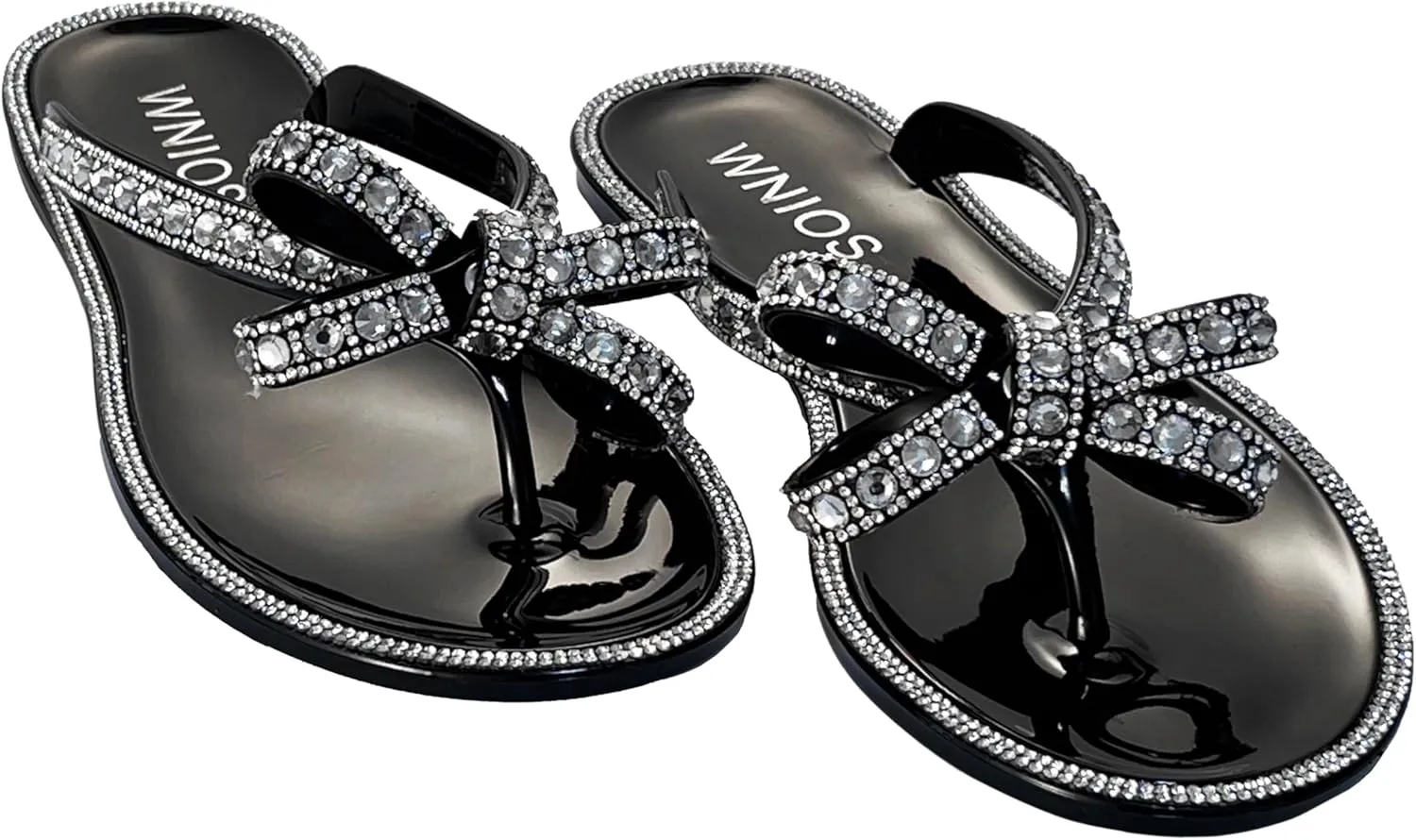 Womens Flat Sandals Jelly Flip Flops Crystals Rhinestones Bow Knot Glitter Sandals
