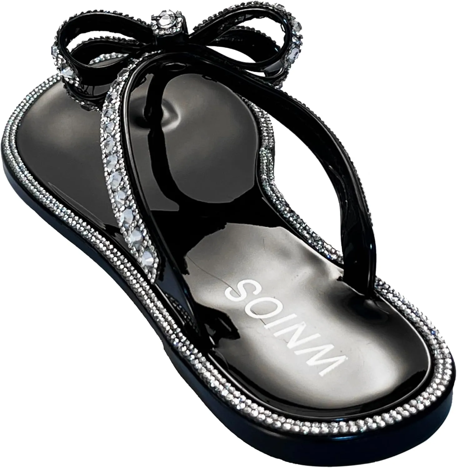 Womens Flat Sandals Jelly Flip Flops Crystals Rhinestones Bow Knot Glitter Sandals