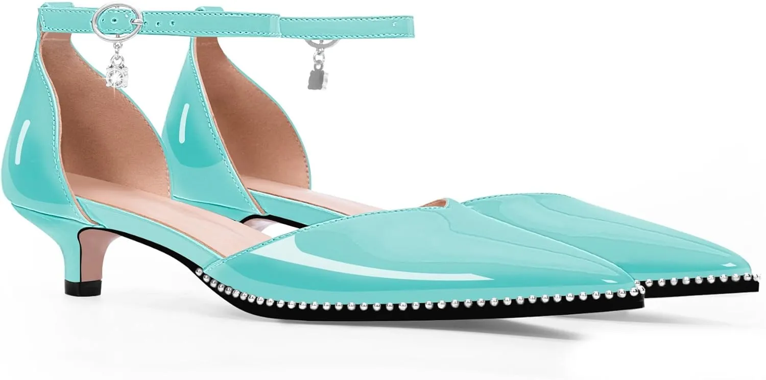 Women's Low Kitten Heel Pointed Toe Pumps Ankle Strap Patent Leather Prom Wedding Dress Shoes