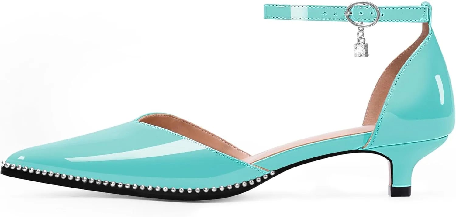 Women's Low Kitten Heel Pointed Toe Pumps Ankle Strap Patent Leather Prom Wedding Dress Shoes