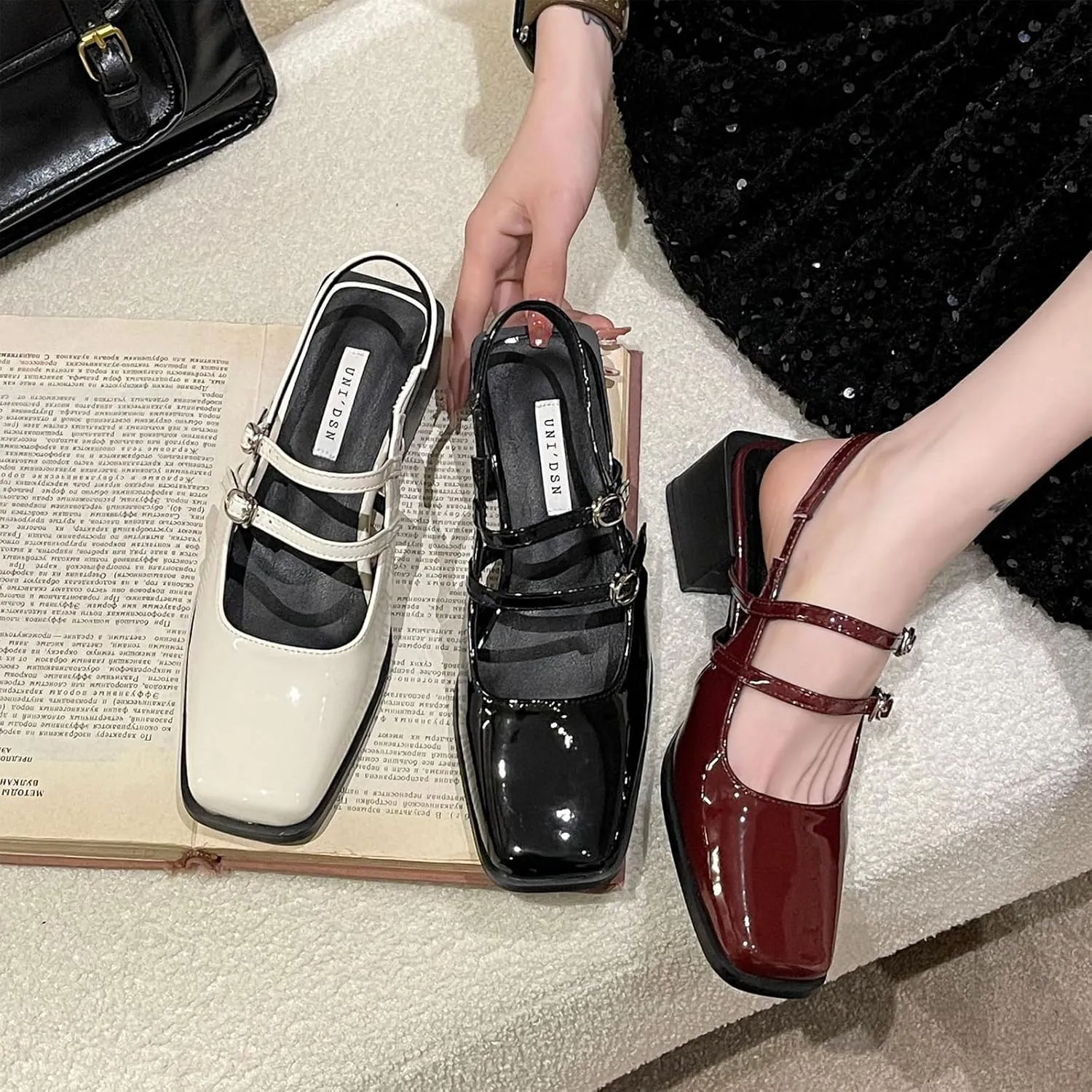 Women's Slingback Chunky Heels Mary Janes Pumps Patent Leather Block Low Heel Adjustable Buckle Dress Shoes for Party Work Dress Shoes