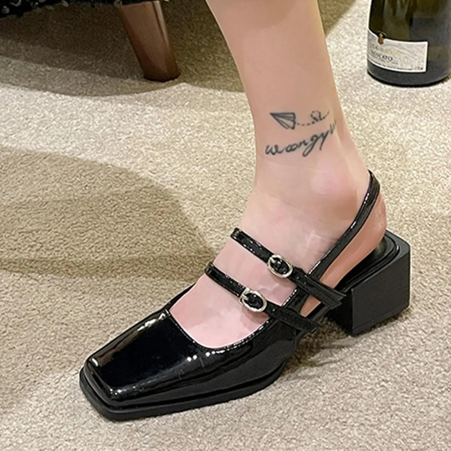 Women's Slingback Chunky Heels Mary Janes Pumps Patent Leather Block Low Heel Adjustable Buckle Dress Shoes for Party Work Dress Shoes