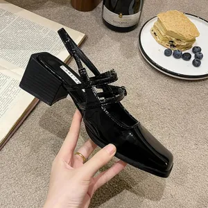 Women's Slingback Chunky Heels Mary Janes Pumps Patent Leather Block Low Heel Adjustable Buckle Dress Shoes for Party Work Dress Shoes