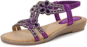 Women's T-Strap Beaded Flower Rhinestone Flat Sandals Dress Beach Shoes
