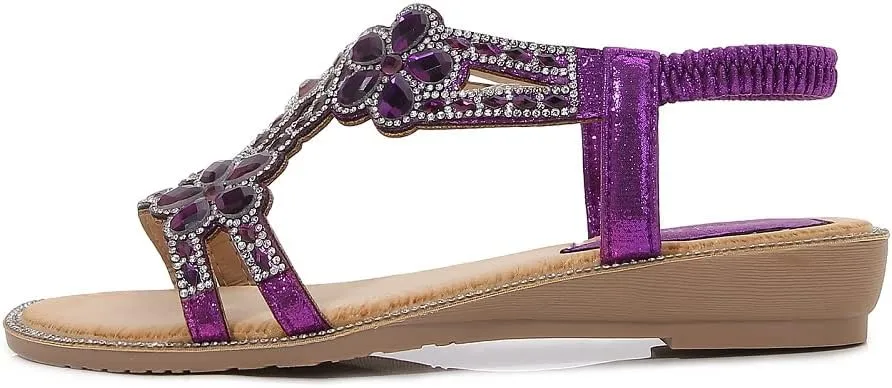 Women's T-Strap Beaded Flower Rhinestone Flat Sandals Dress Beach Shoes