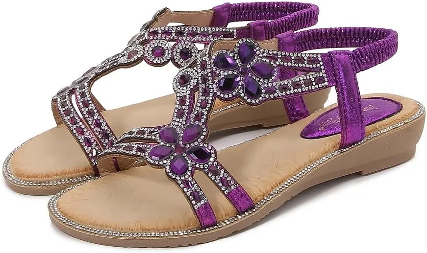 Women's T-Strap Beaded Flower Rhinestone Flat Sandals Dress Beach Shoes
