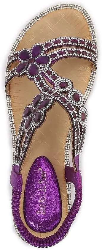 Women's T-Strap Beaded Flower Rhinestone Flat Sandals Dress Beach Shoes