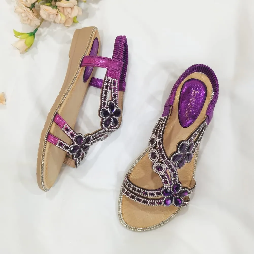 Women's T-Strap Beaded Flower Rhinestone Flat Sandals Dress Beach Shoes