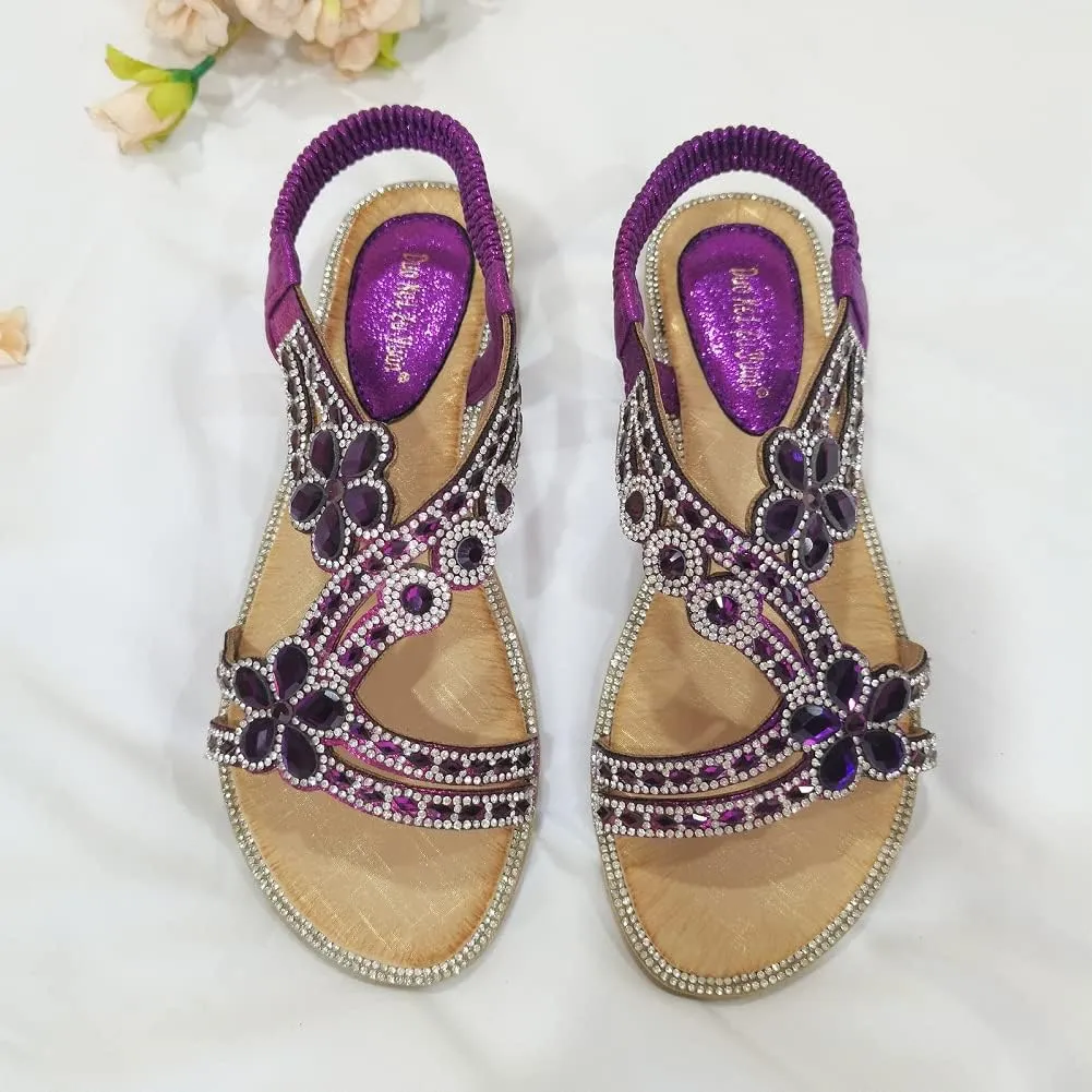 Women's T-Strap Beaded Flower Rhinestone Flat Sandals Dress Beach Shoes