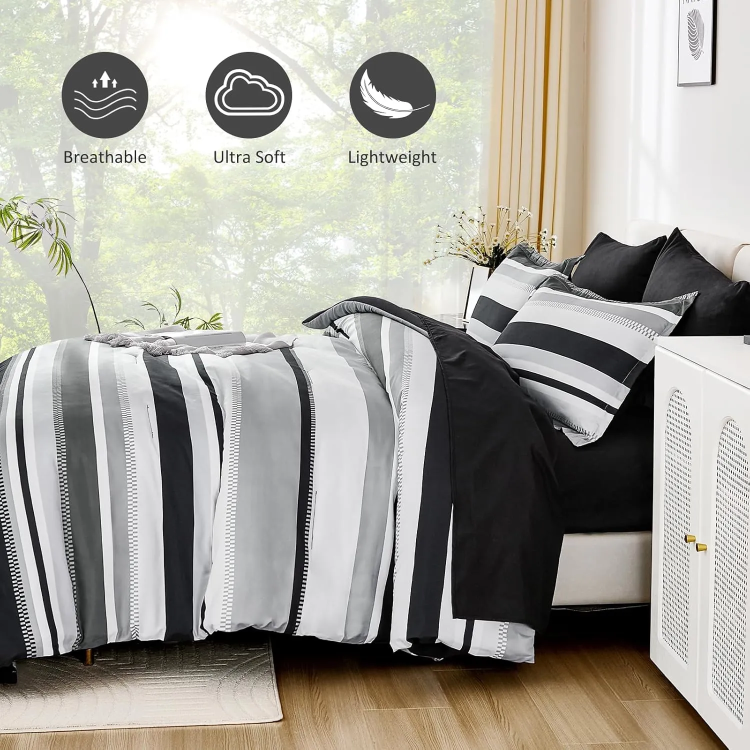 WONGS BEDDING King Size Comforter 7 Pieces, Black King Comforter Set with Sheets,Striped Bed in a Bag Boho Lightweight Bedding Set for All Seaon (104"×90")
