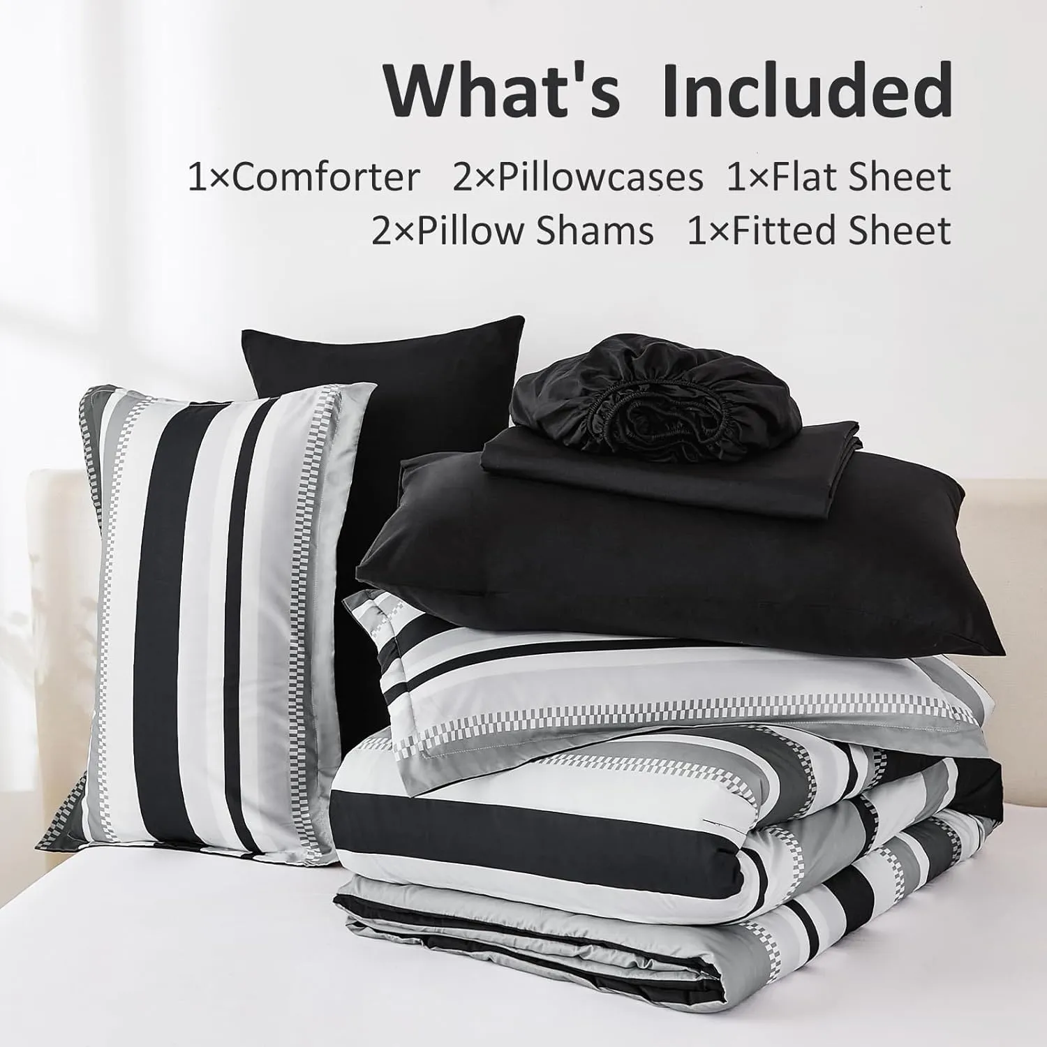 WONGS BEDDING King Size Comforter 7 Pieces, Black King Comforter Set with Sheets,Striped Bed in a Bag Boho Lightweight Bedding Set for All Seaon (104"×90")
