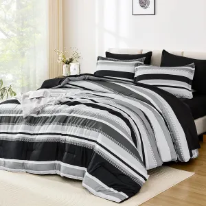 WONGS BEDDING King Size Comforter 7 Pieces, Black King Comforter Set with Sheets,Striped Bed in a Bag Boho Lightweight Bedding Set for All Seaon (104"×90")