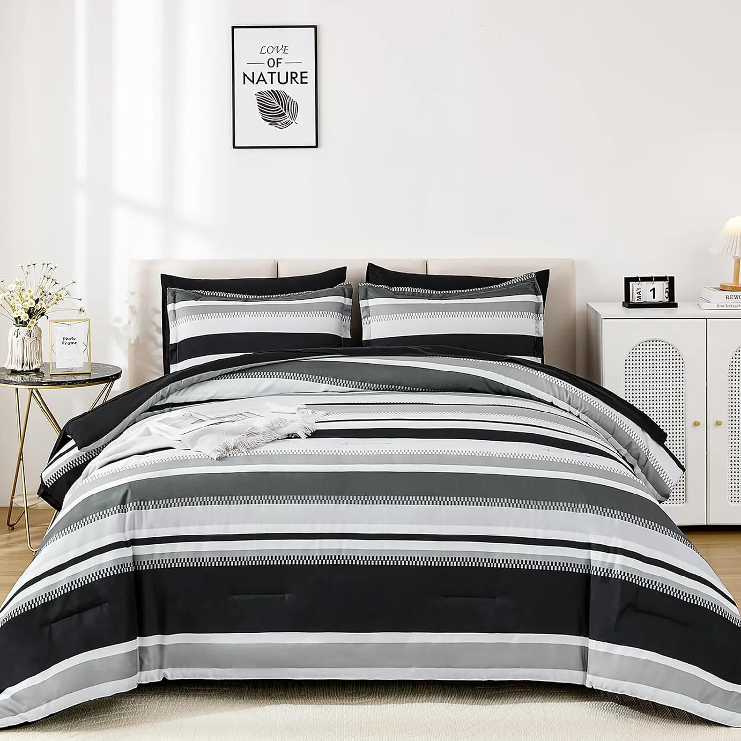 WONGS BEDDING King Size Comforter 7 Pieces, Black King Comforter Set with Sheets,Striped Bed in a Bag Boho Lightweight Bedding Set for All Seaon (104"×90")