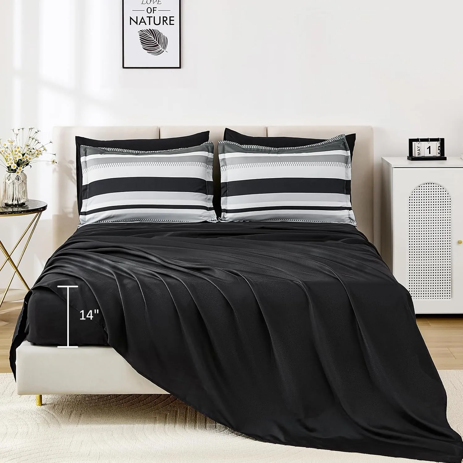 WONGS BEDDING King Size Comforter 7 Pieces, Black King Comforter Set with Sheets,Striped Bed in a Bag Boho Lightweight Bedding Set for All Seaon (104"×90")