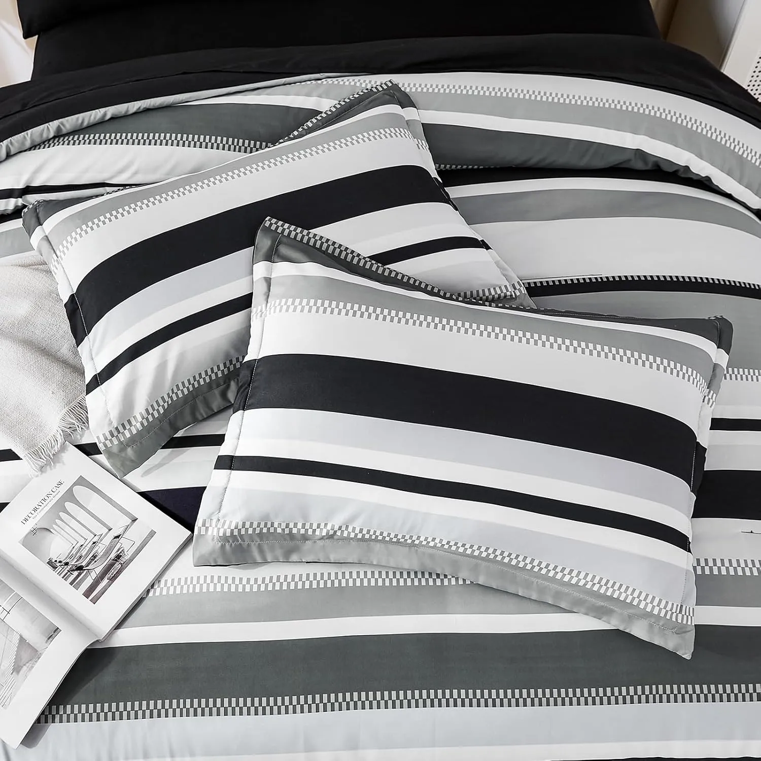 WONGS BEDDING King Size Comforter 7 Pieces, Black King Comforter Set with Sheets,Striped Bed in a Bag Boho Lightweight Bedding Set for All Seaon (104"×90")