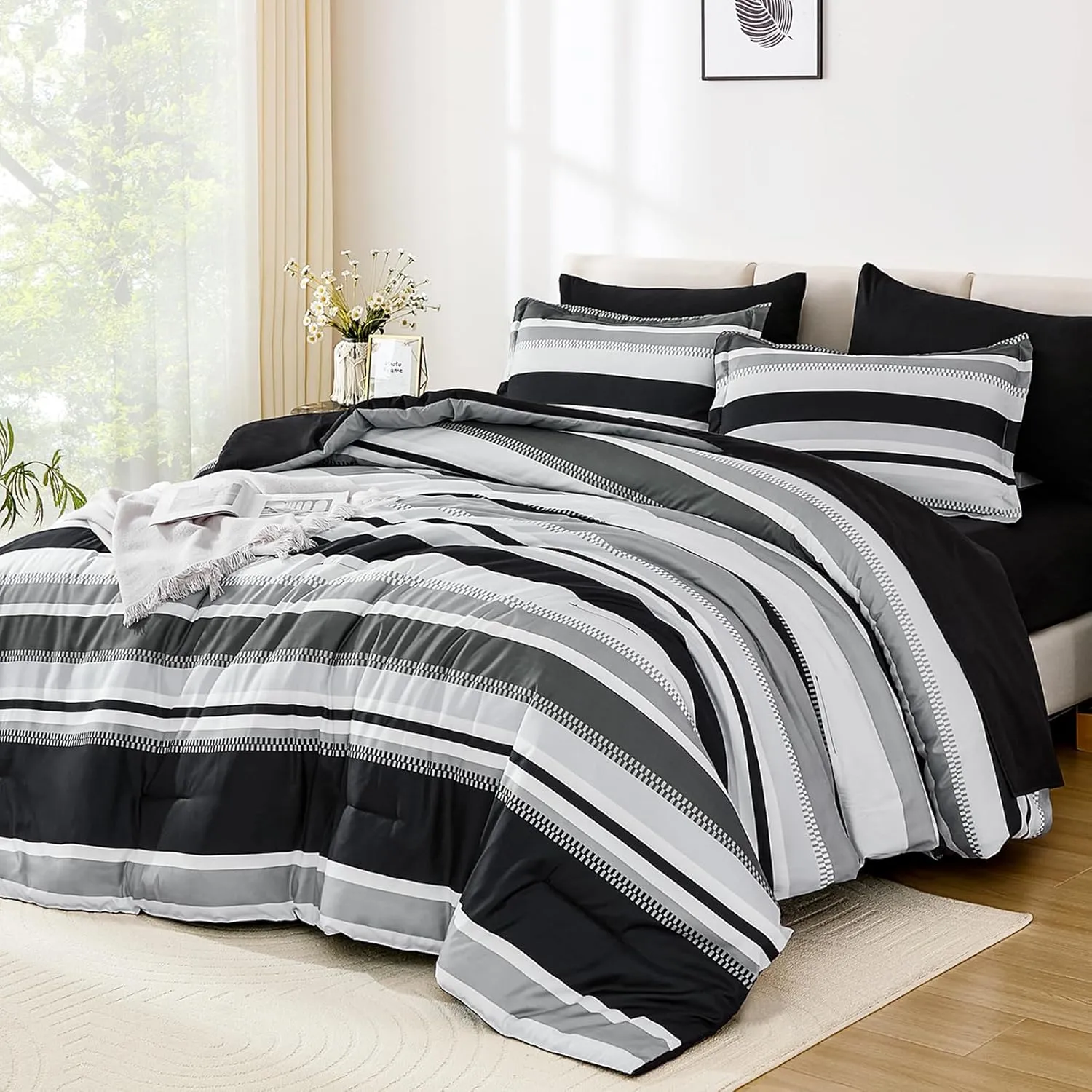 WONGS BEDDING King Size Comforter 7 Pieces, Black King Comforter Set with Sheets,Striped Bed in a Bag Boho Lightweight Bedding Set for All Seaon (104"×90")
