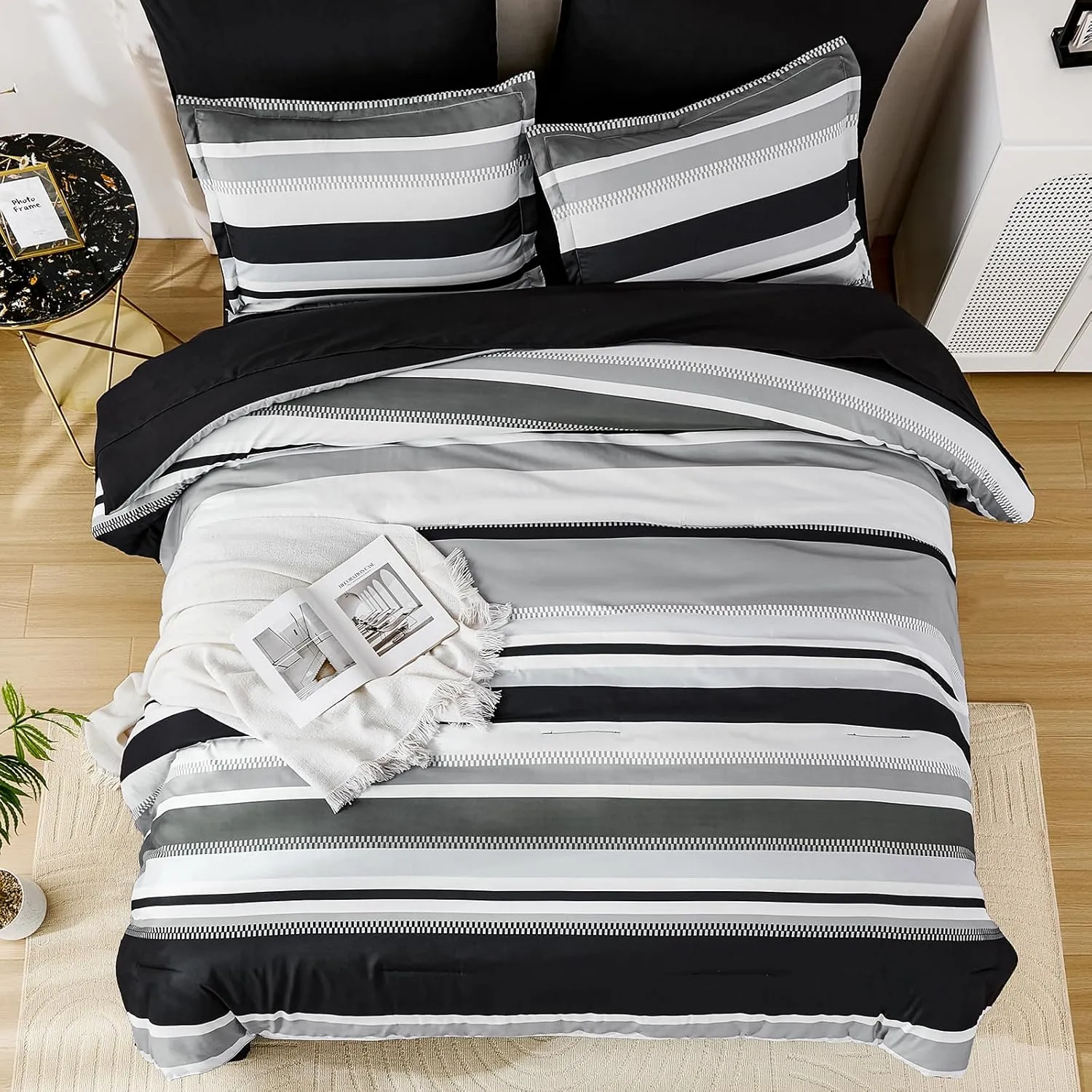 WONGS BEDDING King Size Comforter 7 Pieces, Black King Comforter Set with Sheets,Striped Bed in a Bag Boho Lightweight Bedding Set for All Seaon (104"×90")