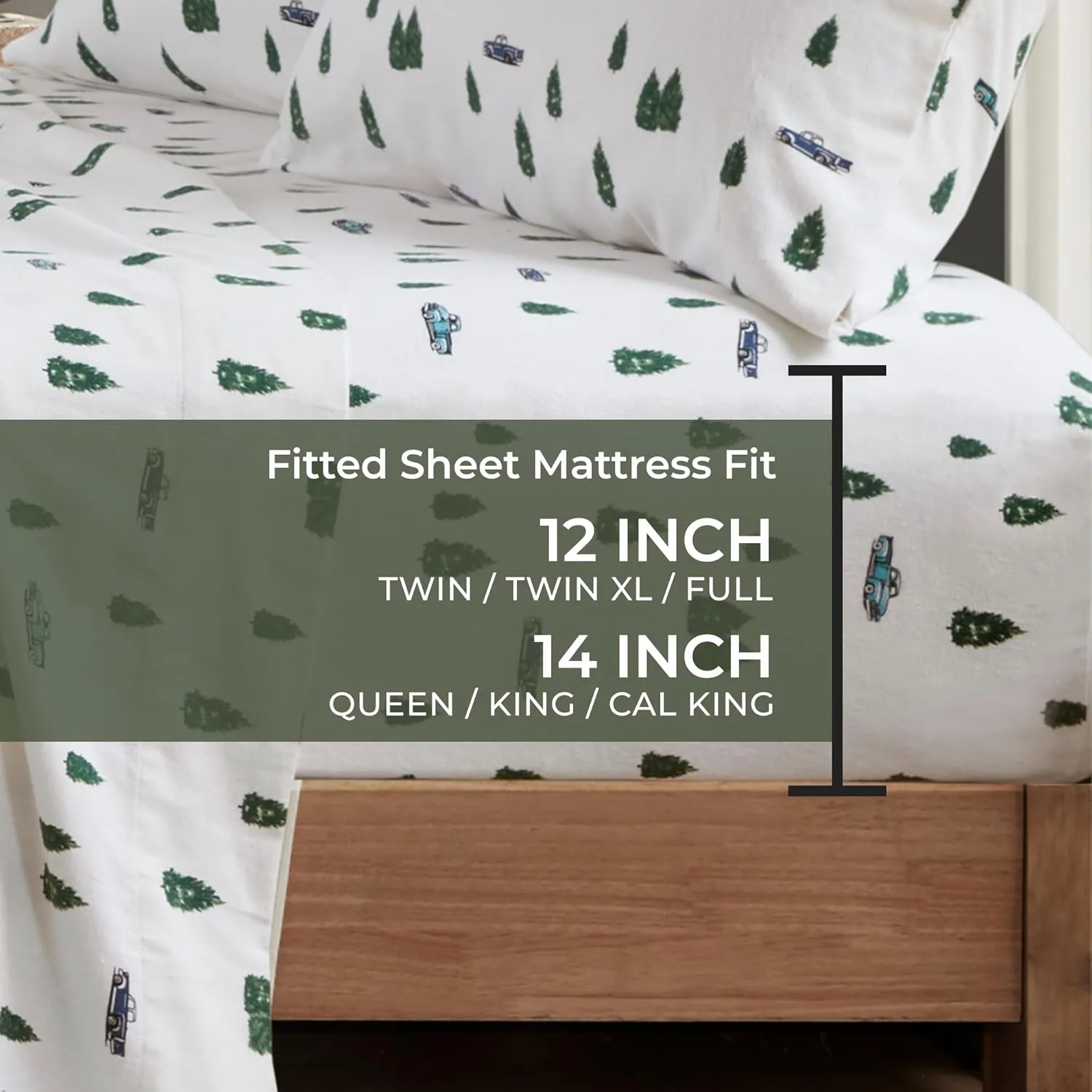 Woolrich Cotton Sheet Set Cottage Charms Print, 100% Cotton Flannel Sheets Warm & Fuzzy Bedding Set Queen Size Sheets, Fitted Pocket Fits Up to 14" Mattress, Queen Green Trees/Trucks 4 Piece
