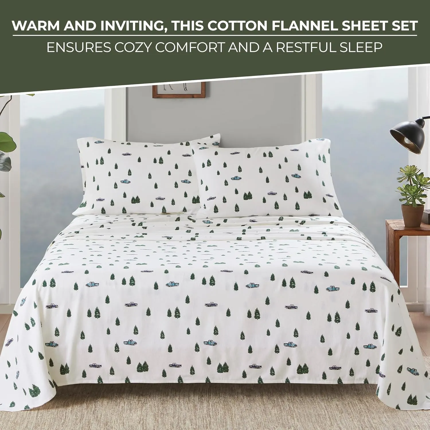 Woolrich Cotton Sheet Set Cottage Charms Print, 100% Cotton Flannel Sheets Warm & Fuzzy Bedding Set Queen Size Sheets, Fitted Pocket Fits Up to 14" Mattress, Queen Green Trees/Trucks 4 Piece