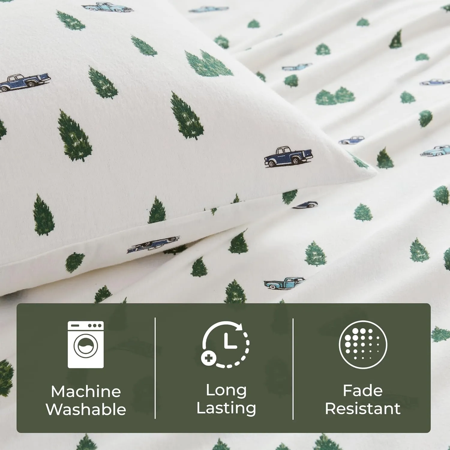 Woolrich Cotton Sheet Set Cottage Charms Print, 100% Cotton Flannel Sheets Warm & Fuzzy Bedding Set Queen Size Sheets, Fitted Pocket Fits Up to 14" Mattress, Queen Green Trees/Trucks 4 Piece