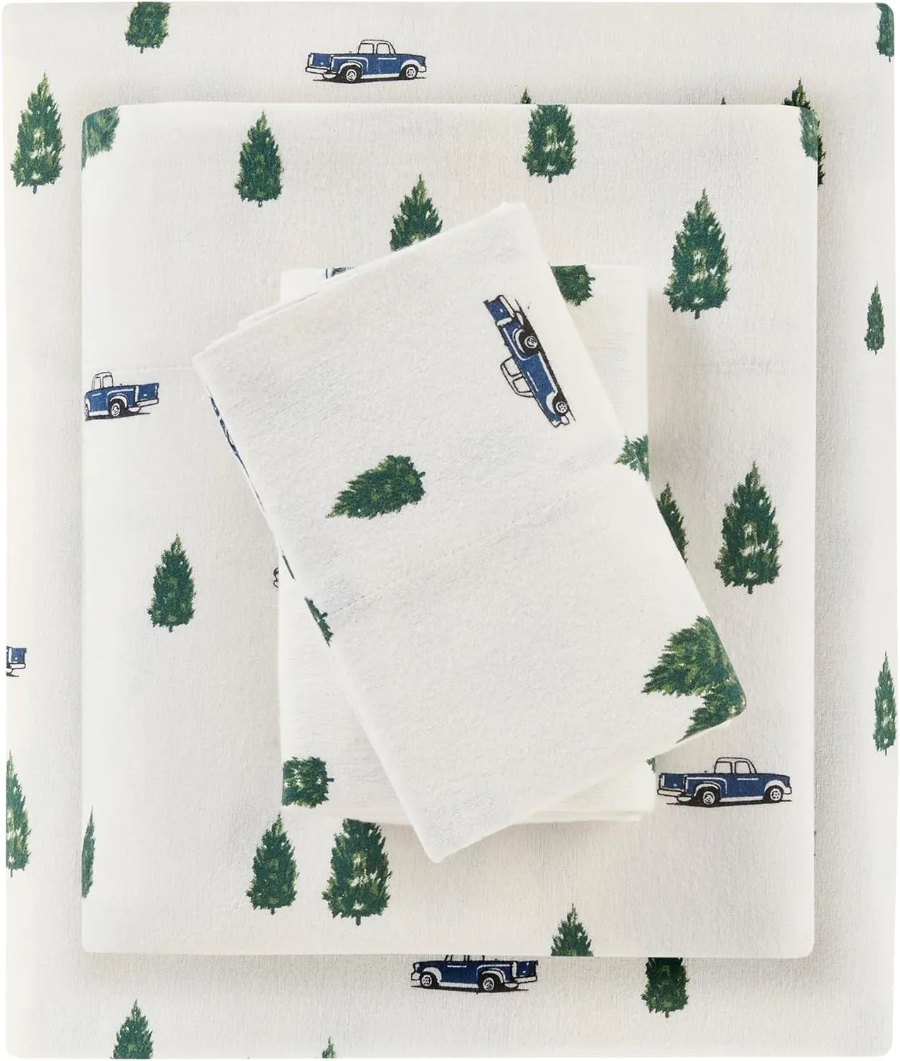 Woolrich Cotton Sheet Set Cottage Charms Print, 100% Cotton Flannel Sheets Warm & Fuzzy Bedding Set Queen Size Sheets, Fitted Pocket Fits Up to 14" Mattress, Queen Green Trees/Trucks 4 Piece