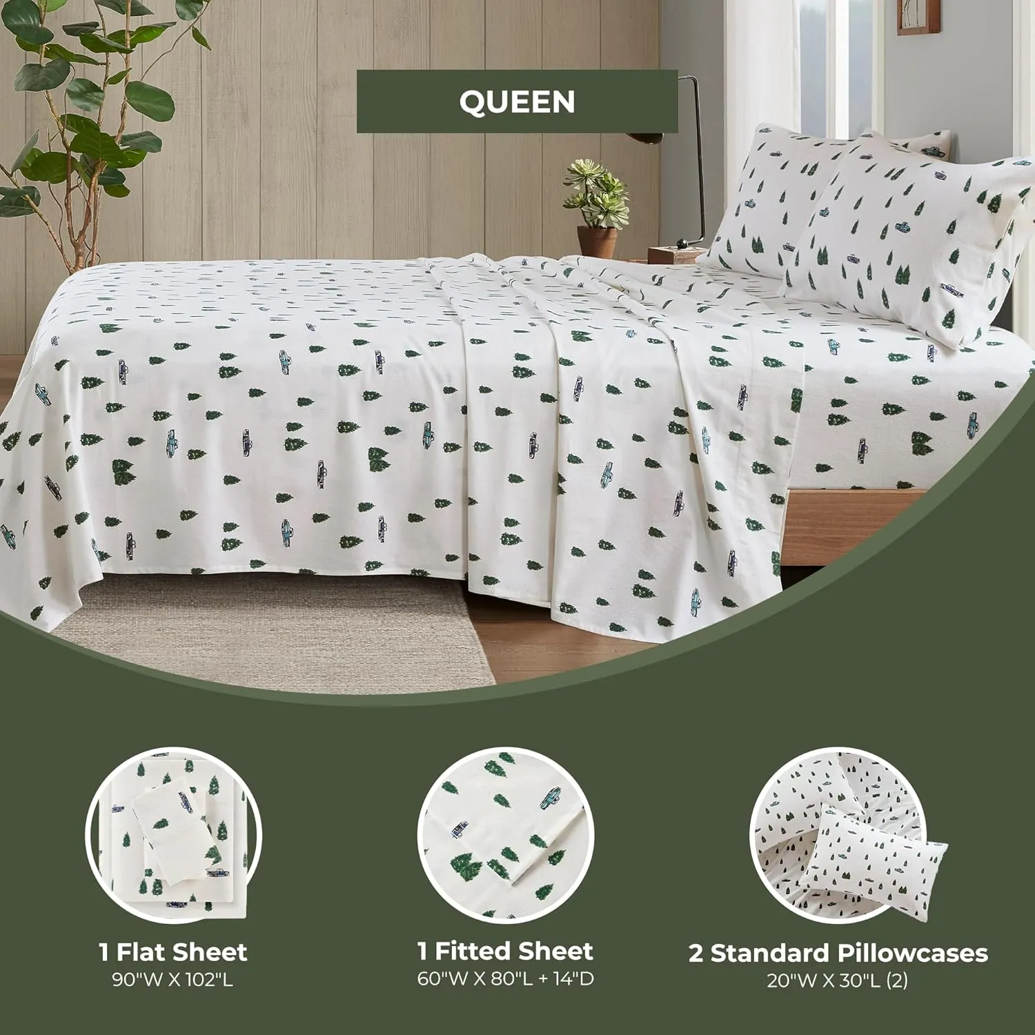 Woolrich Cotton Sheet Set Cottage Charms Print, 100% Cotton Flannel Sheets Warm & Fuzzy Bedding Set Queen Size Sheets, Fitted Pocket Fits Up to 14" Mattress, Queen Green Trees/Trucks 4 Piece