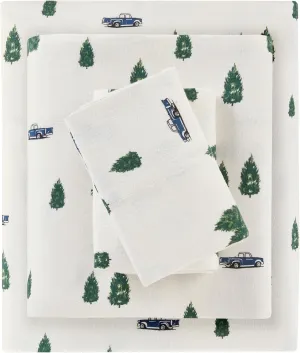 Woolrich Cotton Sheet Set Cottage Charms Print, 100% Cotton Flannel Sheets Warm & Fuzzy Bedding Set Queen Size Sheets, Fitted Pocket Fits Up to 14" Mattress, Queen Green Trees/Trucks 4 Piece