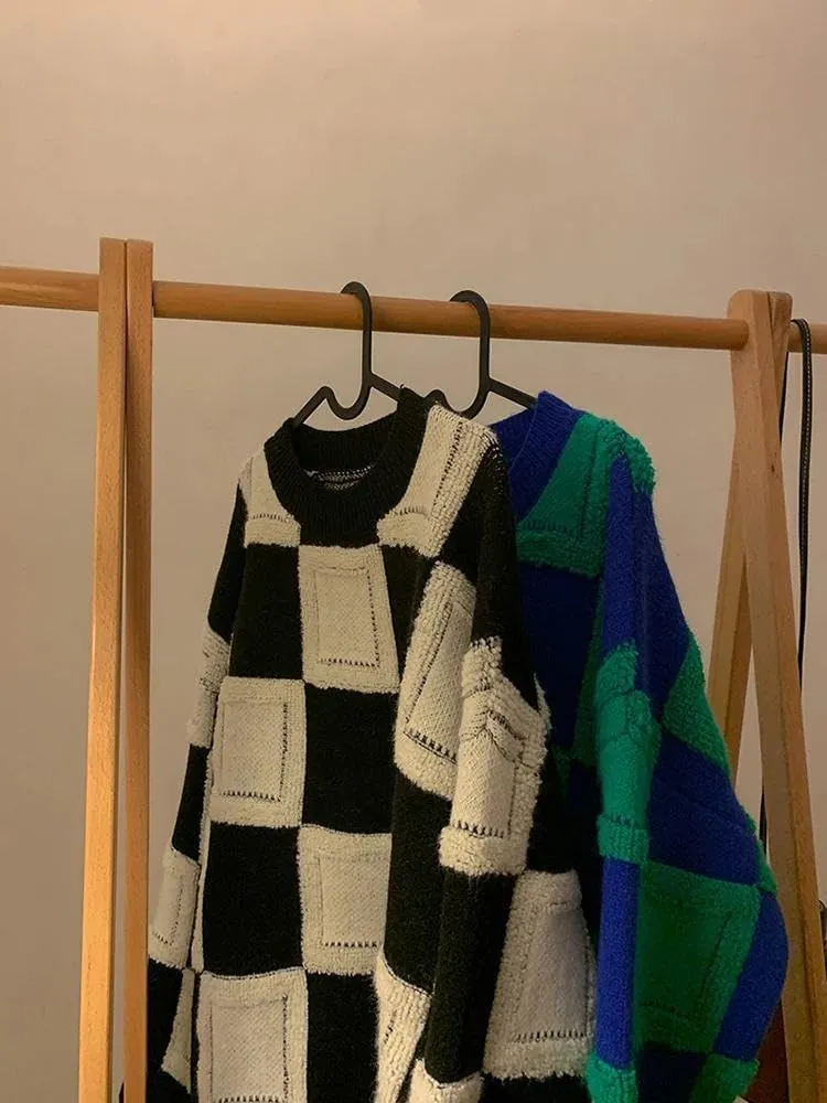 Xingfenly Casual Winter Male -Neck Loose Sweater Jumper Check Stitch Knit Pullover Luxury Fall Long Sleeve Knitwear