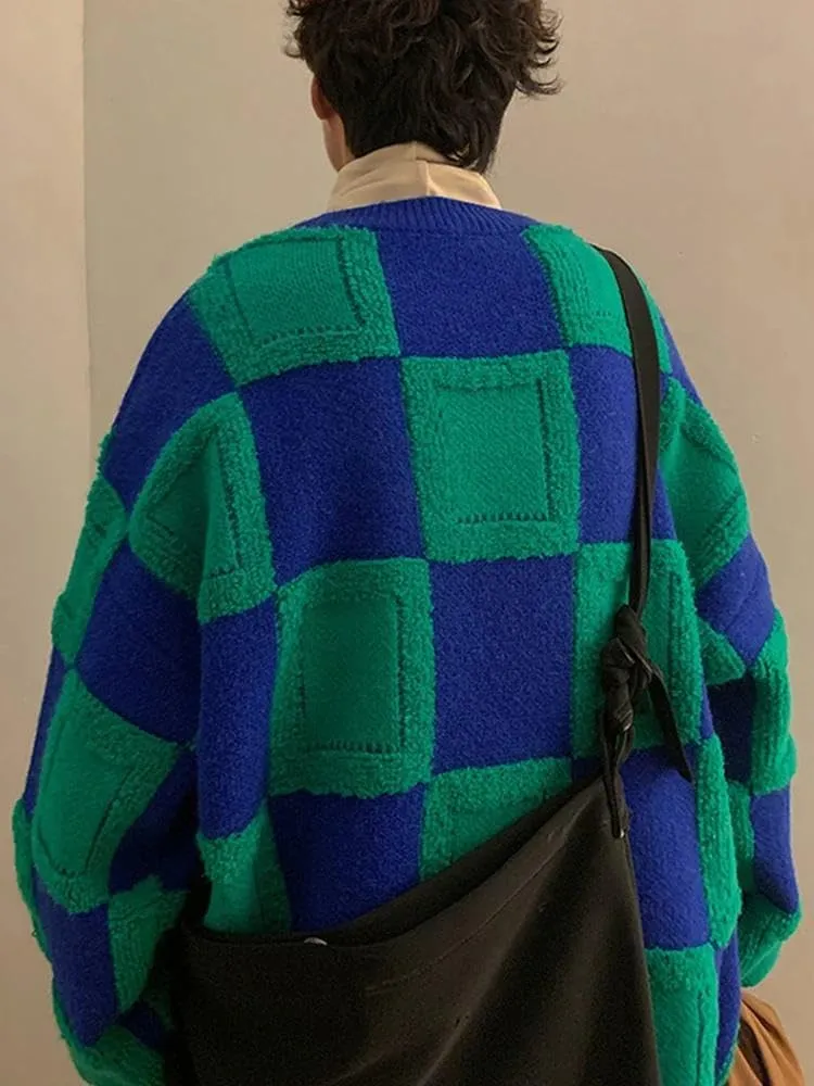 Xingfenly Casual Winter Male -Neck Loose Sweater Jumper Check Stitch Knit Pullover Luxury Fall Long Sleeve Knitwear