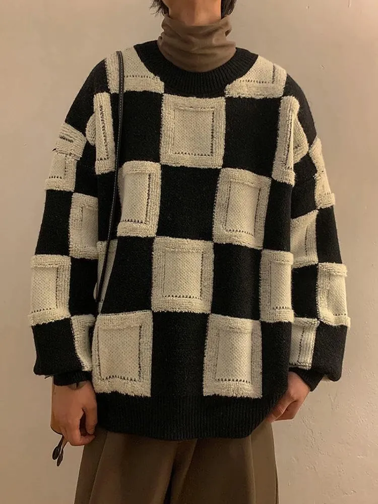 Xingfenly Casual Winter Male -Neck Loose Sweater Jumper Check Stitch Knit Pullover Luxury Fall Long Sleeve Knitwear