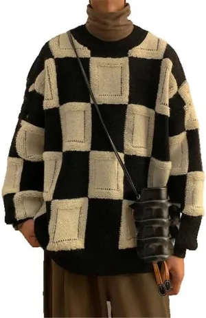 Xingfenly Casual Winter Male -Neck Loose Sweater Jumper Check Stitch Knit Pullover Luxury Fall Long Sleeve Knitwear