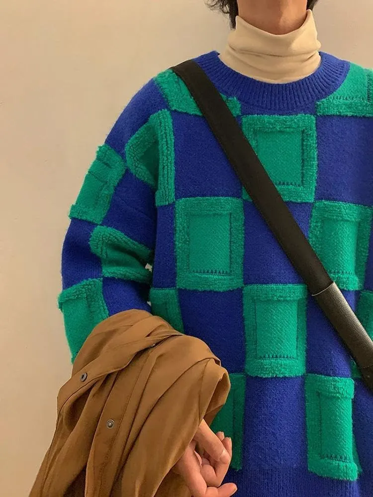 Xingfenly Casual Winter Male -Neck Loose Sweater Jumper Check Stitch Knit Pullover Luxury Fall Long Sleeve Knitwear