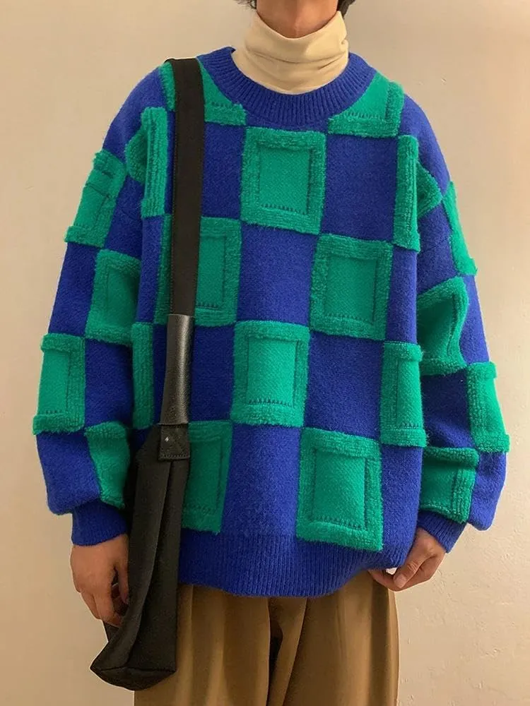 Xingfenly Casual Winter Male -Neck Loose Sweater Jumper Check Stitch Knit Pullover Luxury Fall Long Sleeve Knitwear