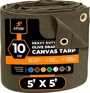 Xpose Safety Canvas Tarp - 10oz Olive Drab Canvas Tarps Heavy Duty Water Resistant with Brass Grommets- Multipurpose Outdoor Tarpaulin for Camping, Canopy, Trailer, Equipment Cover 5' x 5'