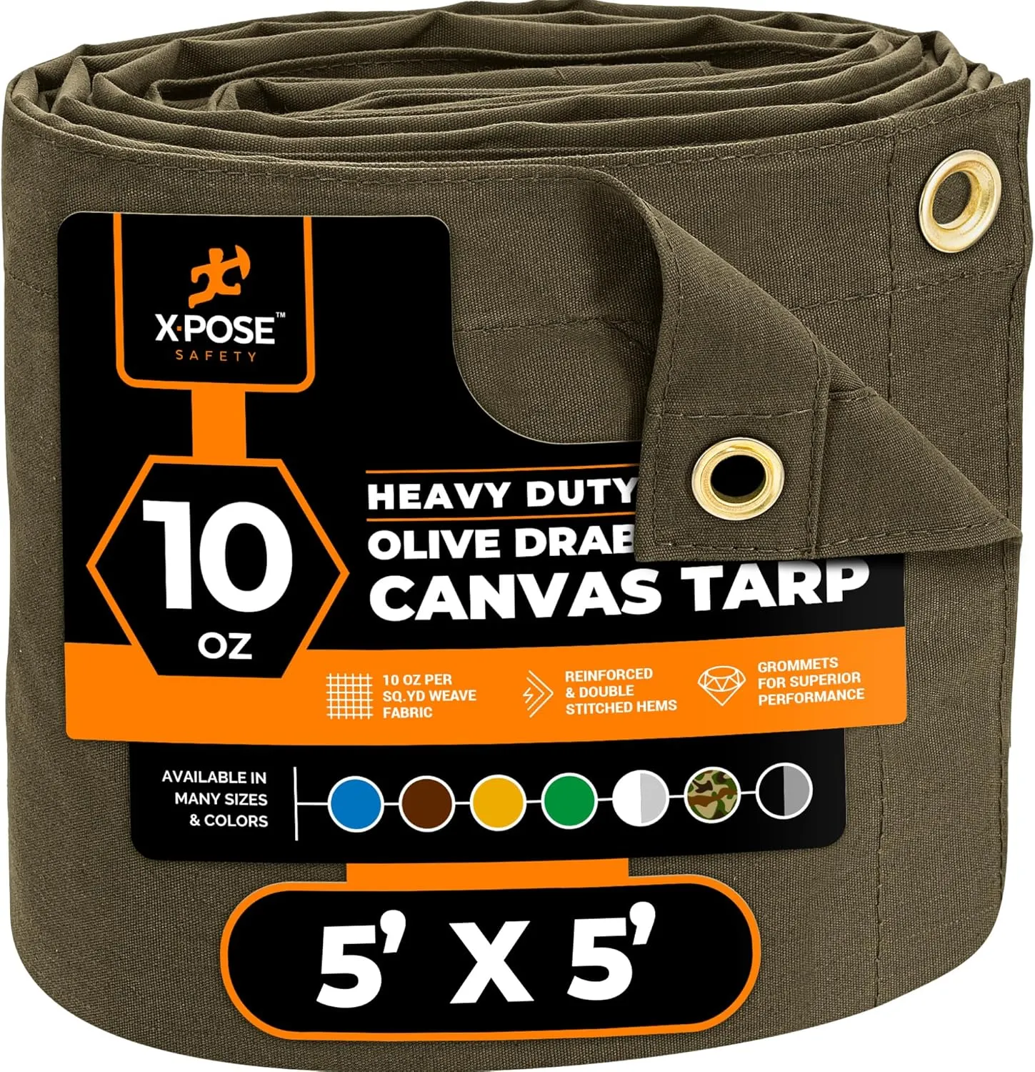 Xpose Safety Canvas Tarp - 10oz Olive Drab Canvas Tarps Heavy Duty Water Resistant with Brass Grommets- Multipurpose Outdoor Tarpaulin for Camping, Canopy, Trailer, Equipment Cover 5' x 5'