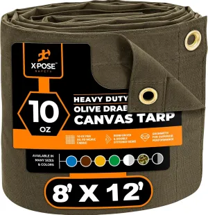 Xpose Safety Canvas Tarp - 10oz Olive Drab Canvas Tarps Heavy Duty Water Resistant with Brass Grommets- Multipurpose Outdoor Tarpaulin for Camping, Canopy, Trailer, Equipment Cover 8' x 12'